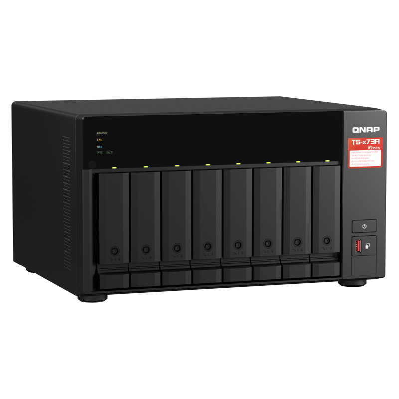 QNAP TS-873A NAS Tower AMD Ryzen Embedded V1500B 8 GB DDR4 8 Baías HDD/SSD 2.5"/3.5"/M.2 Serial ATA III RAID Preto - 4713213518823