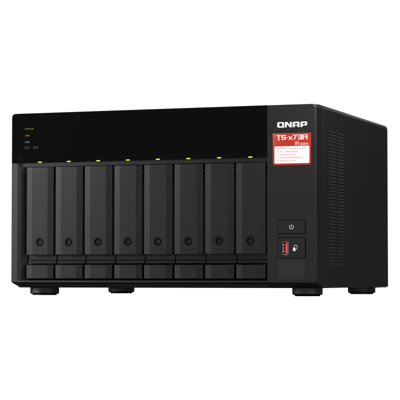 QNAP TS-873A NAS Tower AMD Ryzen Embedded V1500B 8 GB DDR4 8 Baías HDD/SSD 2.5"/3.5"/M.2 Serial ATA III RAID Preto - 4713213518823