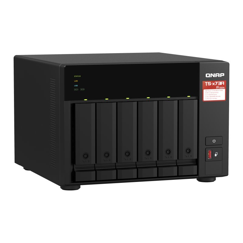 QNAP TS-673A-8G NAS Tower Ryzen Embedded V1500B 8 GB DDR4 0 TB 6 Baías HDD/SSD 2.5"/3.5" M.2 SATA II SATA III 5GbE RAID Preto - 4713213518830