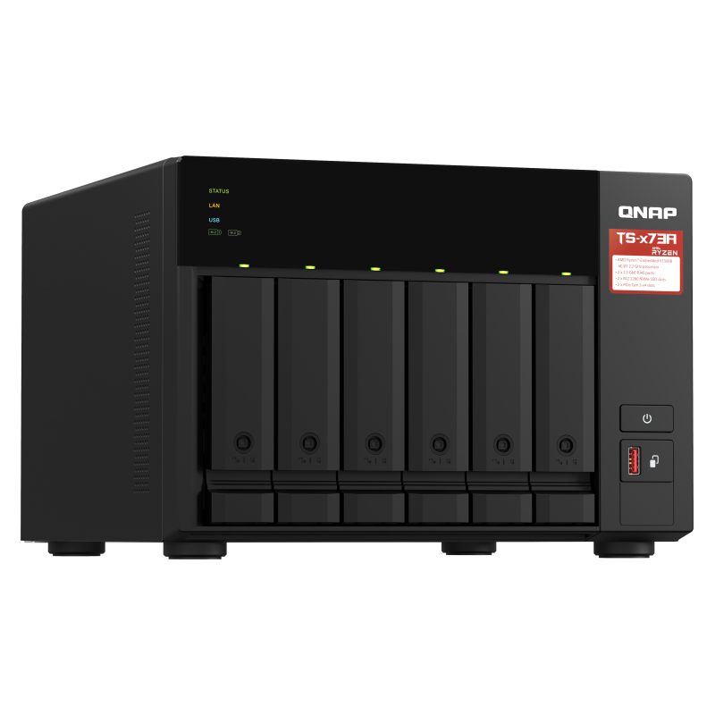 QNAP TS-673A-8G NAS Tower Ryzen Embedded V1500B 8 GB DDR4 0 TB 6 Baías HDD/SSD 2.5"/3.5" M.2 SATA II SATA III 5GbE RAID Preto - 4713213518830
