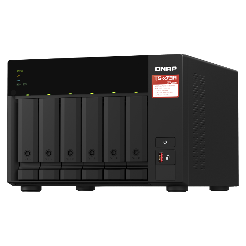 QNAP TS-673A-8G NAS Tower Ryzen Embedded V1500B 8 GB DDR4 0 TB 6 Baías HDD/SSD 2.5"/3.5" M.2 SATA II SATA III 5GbE RAID Preto - 4713213518830