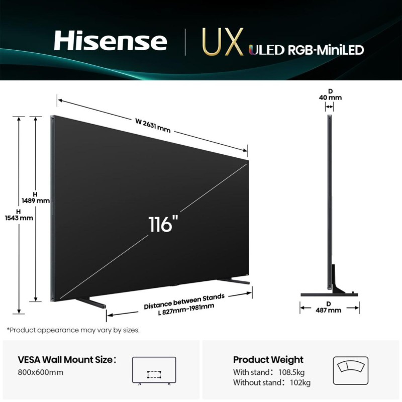 Hisense 116UXQ RGB-MiniLED TV Plano 295 cm (116") 4K Ultra HD, Smart TV, Wi-Fi, Ethernet, LAN, Bluetooth, Cinzento - 6942351423159