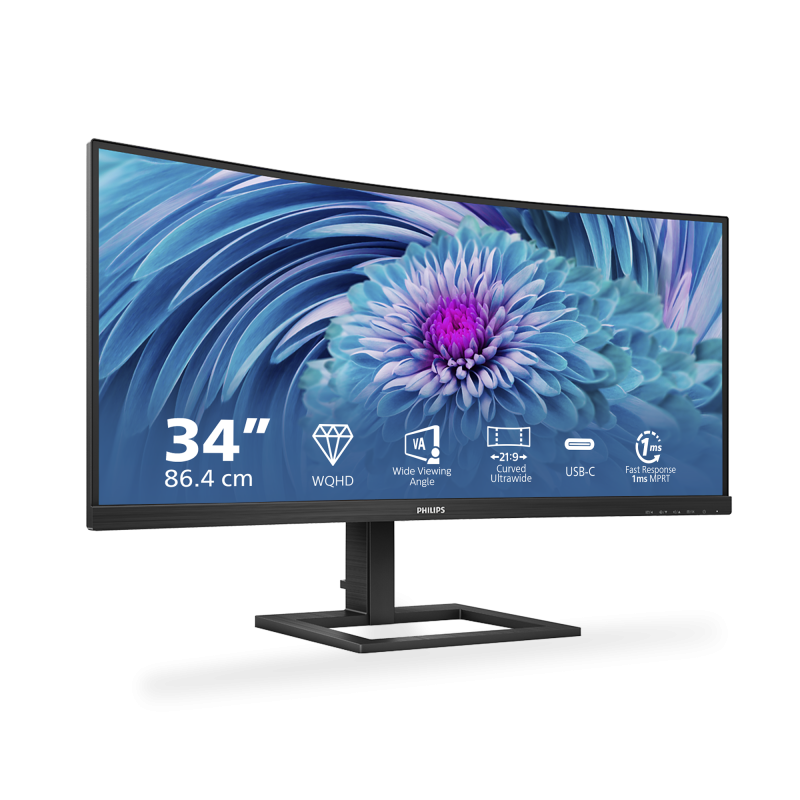 Philips E Line 346E2CUAE LCD Monitor Profissional Curvo, 86,4 cm (34"), 3440 x 1440 pixels Wide Quad HD+, 100Hz, USB-C, DisplayPort, HDMI, Ajuste de Altura, Altifalantes Integrados, Preto - 346E2CUAE/00 - 8712581770662