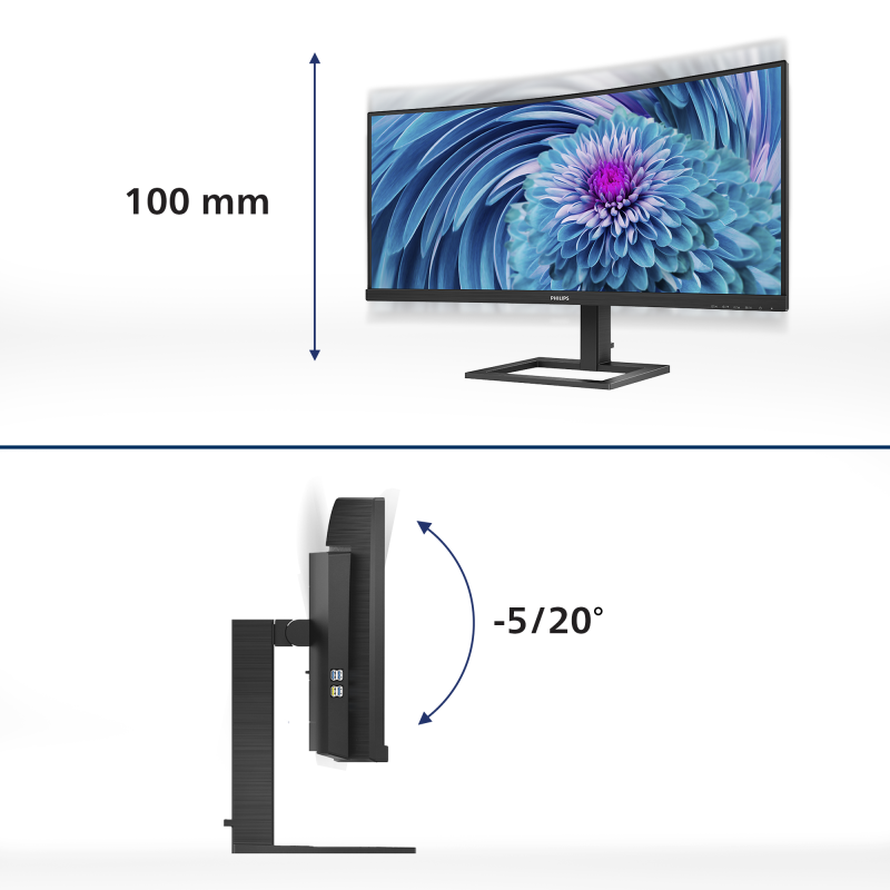 Philips E Line 346E2CUAE LCD Monitor Profissional Curvo, 86,4 cm (34"), 3440 x 1440 pixels Wide Quad HD+, 100Hz, USB-C, DisplayPort, HDMI, Ajuste de Altura, Altifalantes Integrados, Preto - 346E2CUAE/00 - 8712581770662