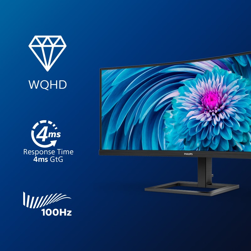Philips E Line 346E2CUAE LCD Monitor Profissional Curvo, 86,4 cm (34"), 3440 x 1440 pixels Wide Quad HD+, 100Hz, USB-C, DisplayPort, HDMI, Ajuste de Altura, Altifalantes Integrados, Preto - 346E2CUAE/00 - 8712581770662