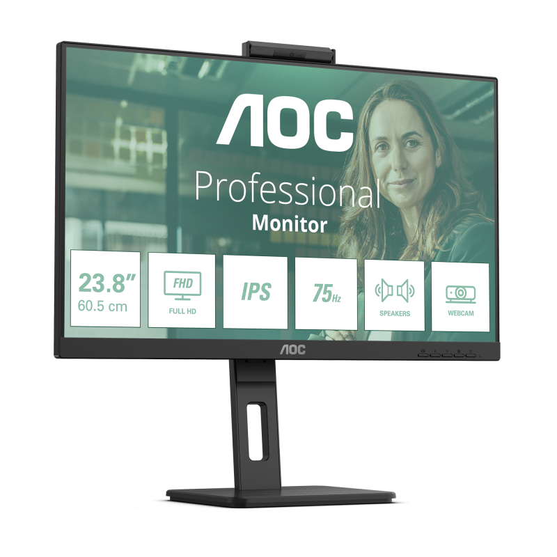 AOC 24P3QW IPS Monitor Profissional Plano, 60,5 cm (23.8"), 1920 x 1080 pixels Full HD, 100Hz, USB-C, DisplayPort, HDMI, Táctil, Ajuste de Altura, Pivot, Altifalantes Integrados, Preto - 4038986140775