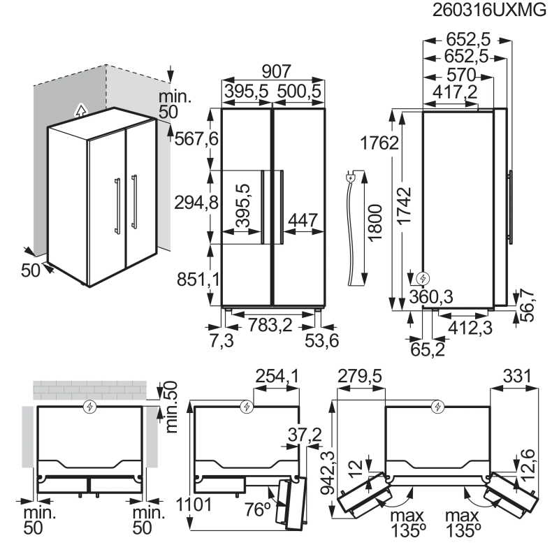AEG TX6MR531EE Frigorífico Americano Side by Side Independente, 532 L, TwinTech No Frost, MultiFlow, Preto - 7333394144047