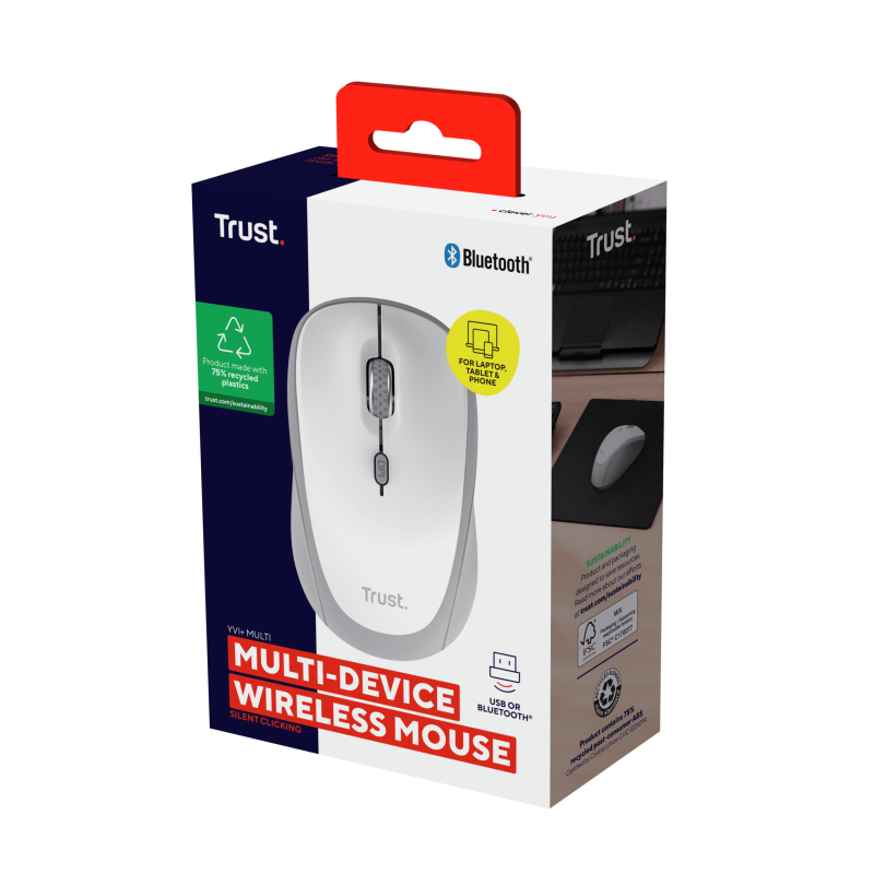 Trust Yvi+ Rato Sem Fios RF/Bluetooth Universal Ambidestro 1600 DPI Ótico 3 Botões Branco - 25454 - 8713439254549