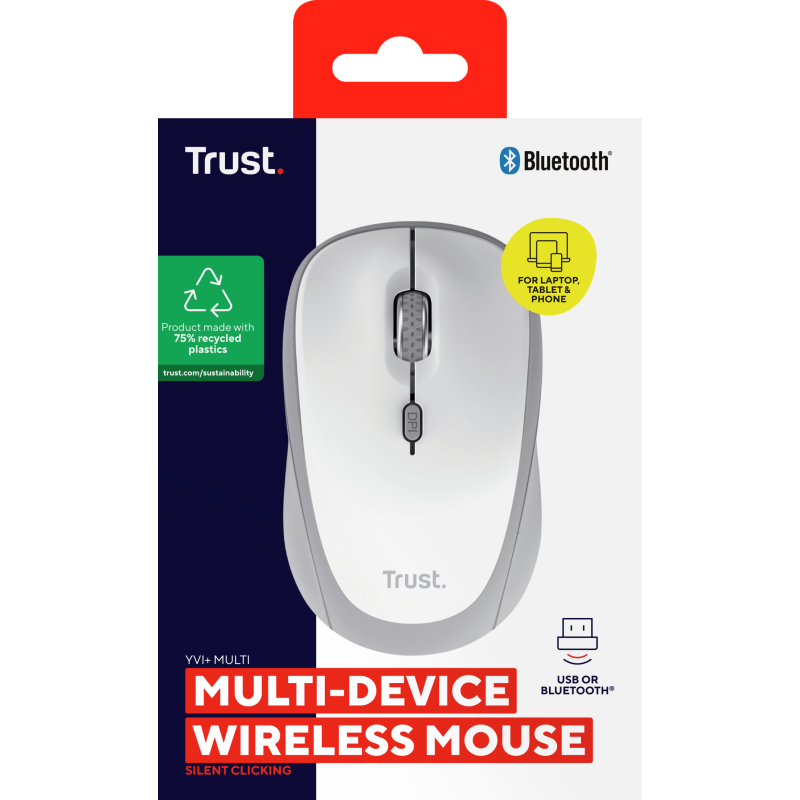 Trust Yvi+ Rato Sem Fios RF/Bluetooth Universal Ambidestro 1600 DPI Ótico 3 Botões Branco - 25454 - 8713439254549