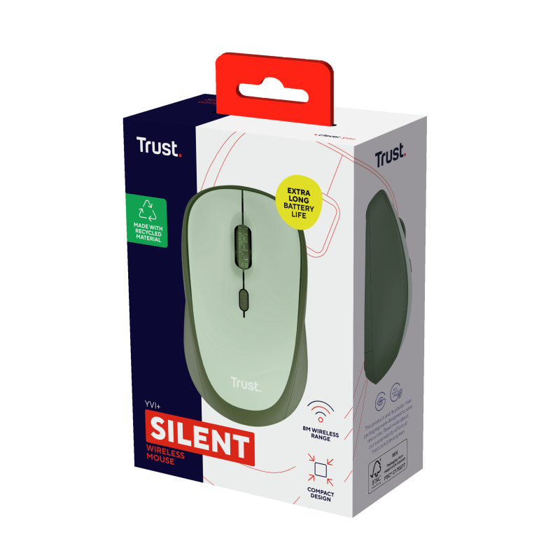 Trust Yvi+ Rato Sem Fios RF Wireless 1600 DPI Ótico 4 Botões Preto, Verde - 24552 - 8713439245523