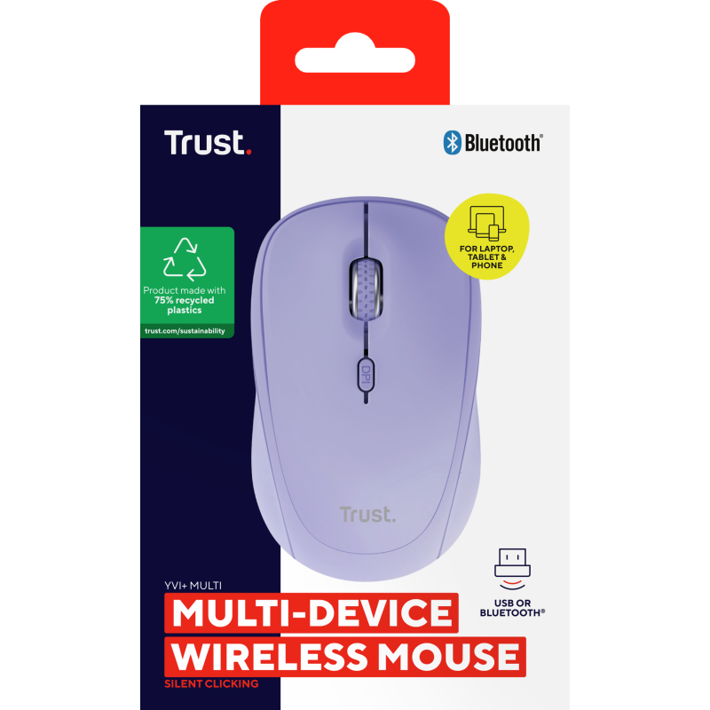 Trust Yvi+ Rato Sem Fios RF/Bluetooth Universal Ambidestro 1600 DPI Ótico 3 Botões Violeta - 25583 - 8713439255836