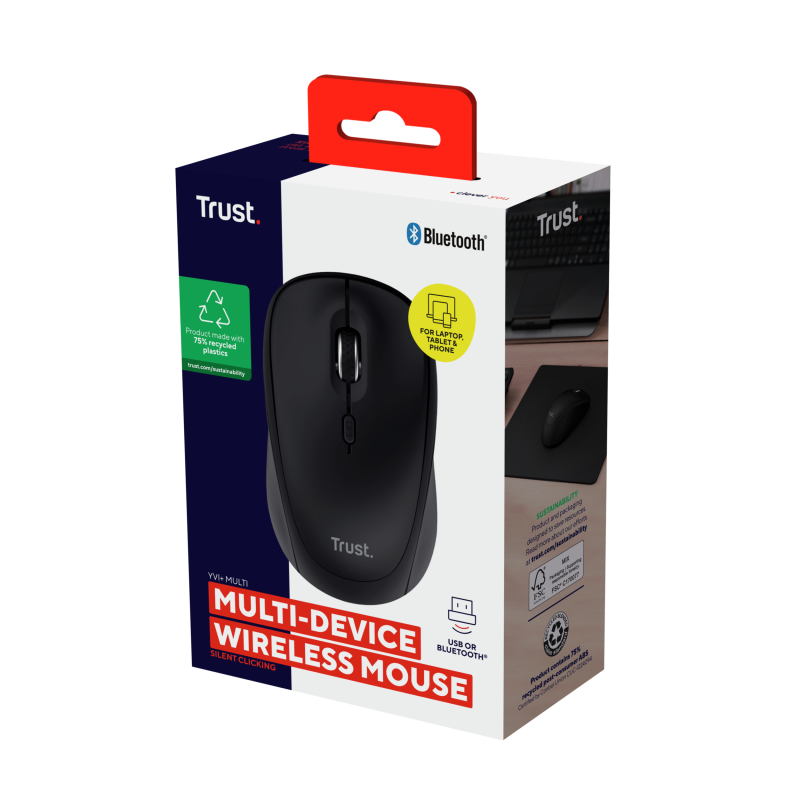 Trust Yvi+ Rato Sem Fios RF/Bluetooth Universal Ambidestro 1600 DPI Ótico 3 Botões Preto - 25440 - 8713439254402