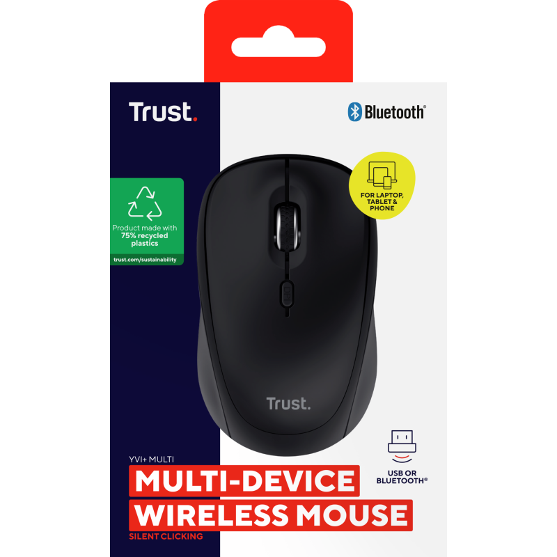 Trust Yvi+ Rato Sem Fios RF/Bluetooth Universal Ambidestro 1600 DPI Ótico 3 Botões Preto - 25440 - 8713439254402