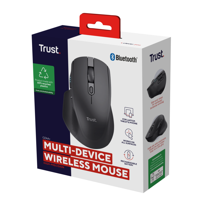 Trust Ozaa+ Rato Sem Fios RF/Bluetooth 3200 DPI Ótico 6 Botões 2 Scroll Wheels Preto - 24820 - 8713439248203