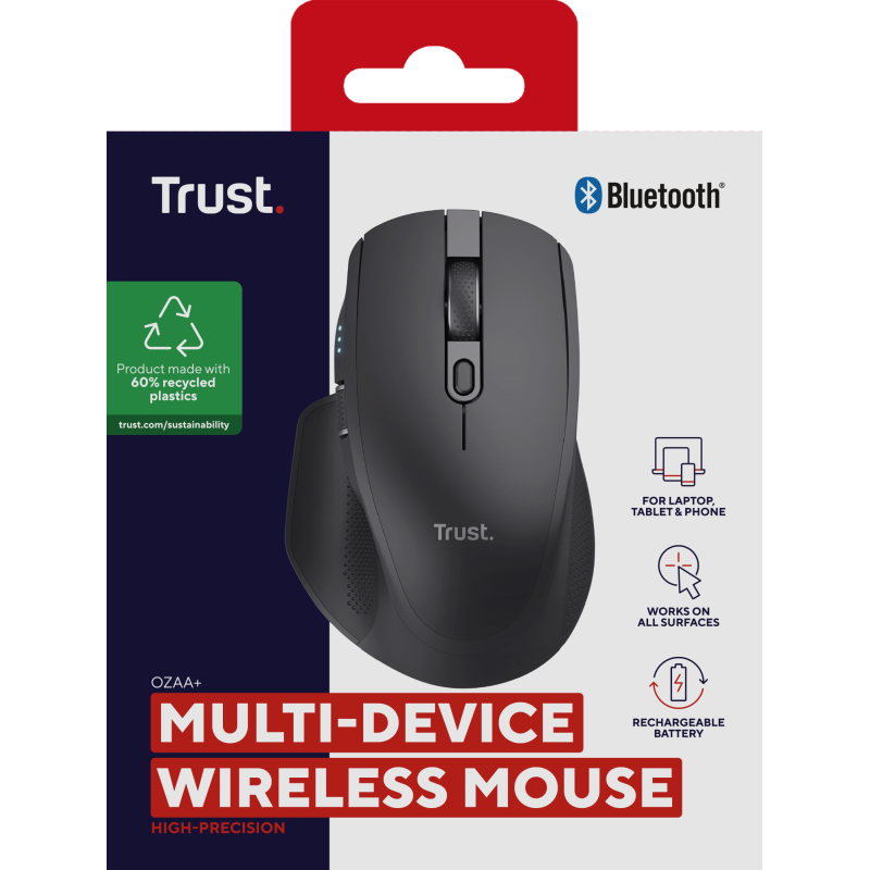 Trust Ozaa+ Rato Sem Fios RF/Bluetooth 3200 DPI Ótico 6 Botões 2 Scroll Wheels Preto - 24820 - 8713439248203