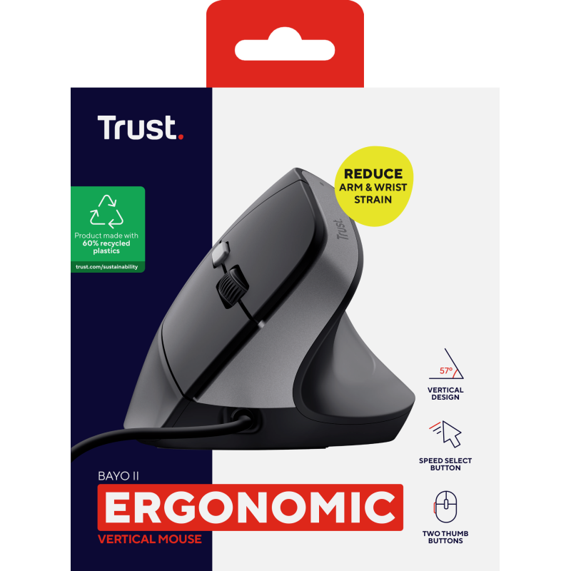 Trust Bayo II Rato Com Fios USB Vertical 2400 DPI Ótico 6 Botões Preto - 25144 - 8713439251449