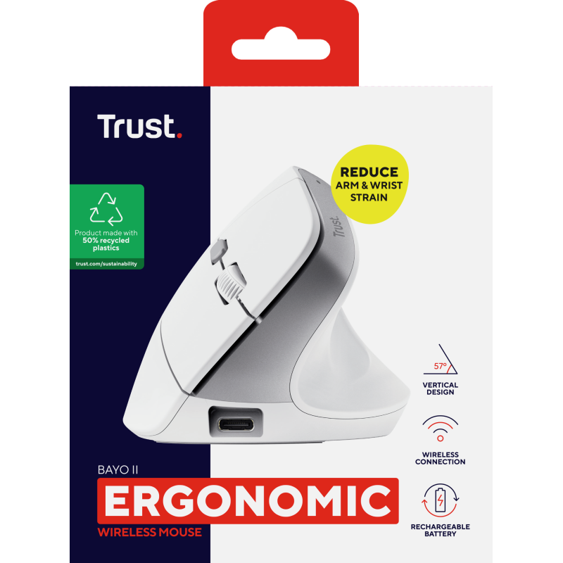 Trust Bayo II Rato Sem Fios RF Wireless Vertical 2400 DPI Ótico 6 Botões Branco - 25398 - 8713439253986