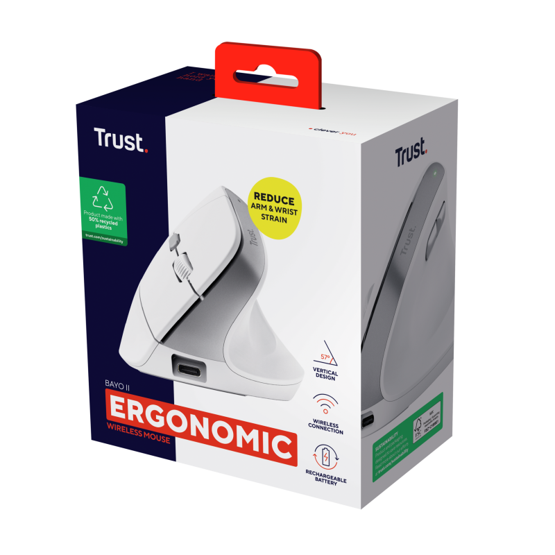 Trust Bayo II Rato Sem Fios RF Wireless Vertical 2400 DPI Ótico 6 Botões Branco - 25398 - 8713439253986