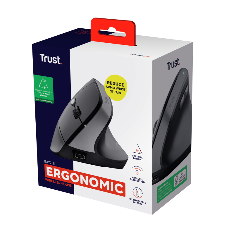 Trust Bayo II Rato Sem Fios RF Wireless Vertical 2400 DPI Ótico 6 Botões Preto - 25145 - 8713439251456