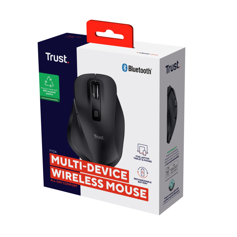 Trust Fyda Rato Sem Fios RF/Bluetooth Ergonómico 2400 DPI Ótico 6 Botões Preto - 25708 - 8713439257083