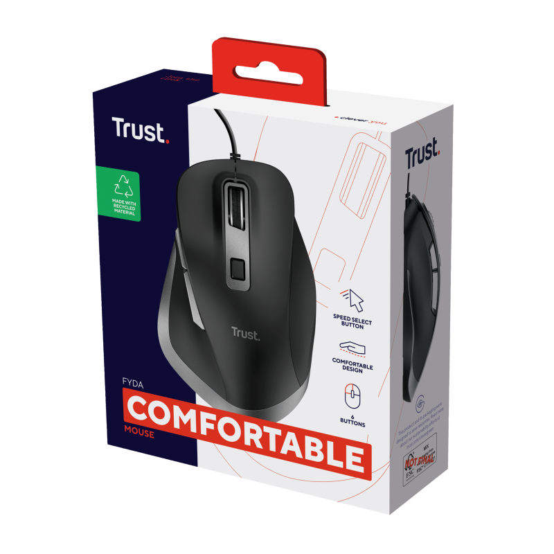 Trust Fyda Rato Com Fios USB Ergonómico 5000 DPI Ótico 6 Botões Preto - 24728 - 8713439247282