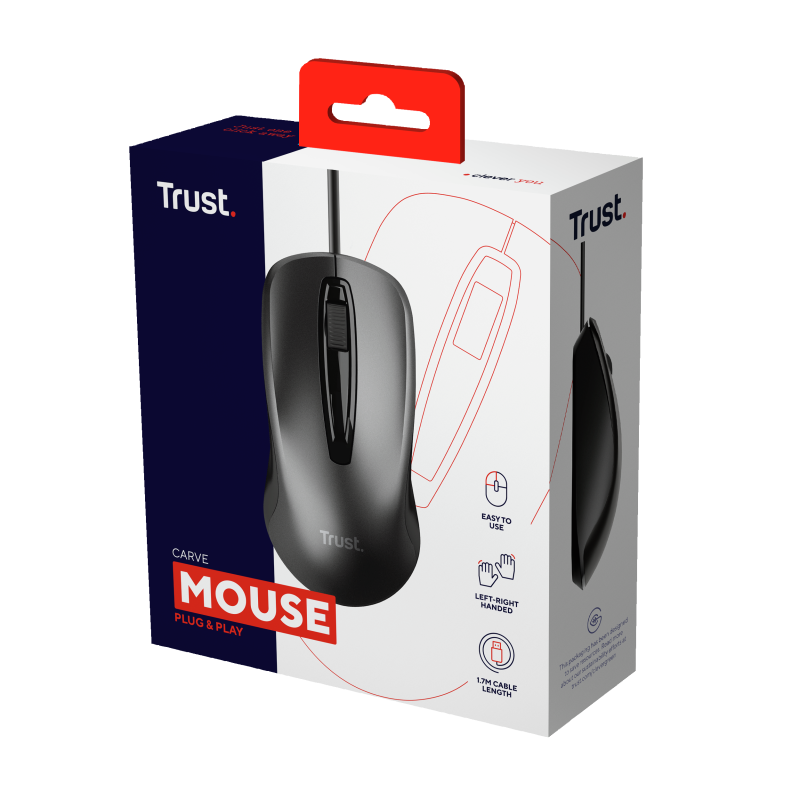 Trust Carve Rato Com Fios USB Ambidestro 1200 DPI Ótico 3 Botões Preto - 23733 - 8713439237337