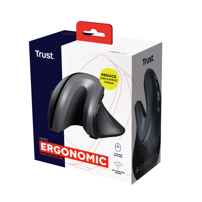 Trust Verro Rato Sem Fios RF Wireless Ergonómico Vertical 1600 DPI Ótico 6 Botões Preto, Prateado - 23507 - 8713439235074
