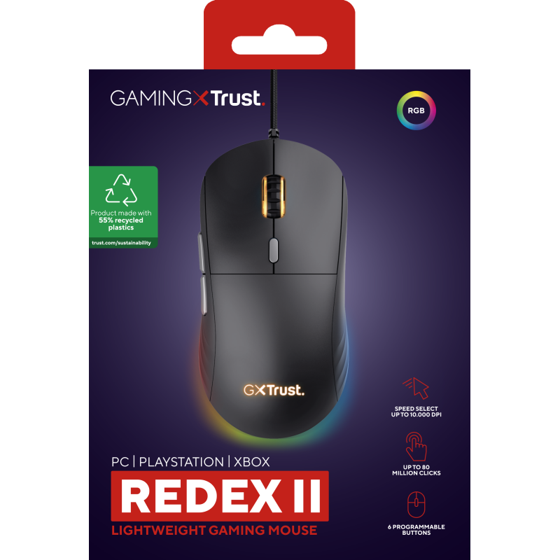 Trust GXT 925 Redex II Rato Gaming RGB Com Fios USB 10000 DPI Laser 6 Botões Preto - 25125 - 8713439251258