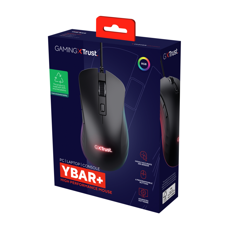 Trust GXT 924 YBAR+ Rato Gaming RGB Com Fios USB 25600 DPI Ótico 6 Botões Preto - 24890 - 8713439248906