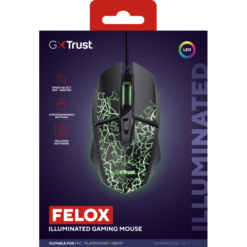 Trust GXT 113 Felox Rato Gaming RGB Com Fios USB 6400 DPI Ótico 6 Botões Preto - 25749 - 8713439257496