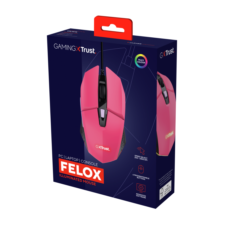 Trust GXT 109 Felox Rato Gaming RGB Com Fios USB Ambidestro 6400 DPI Ótico 6 Botões Rosa - 25068 - 8713439250688