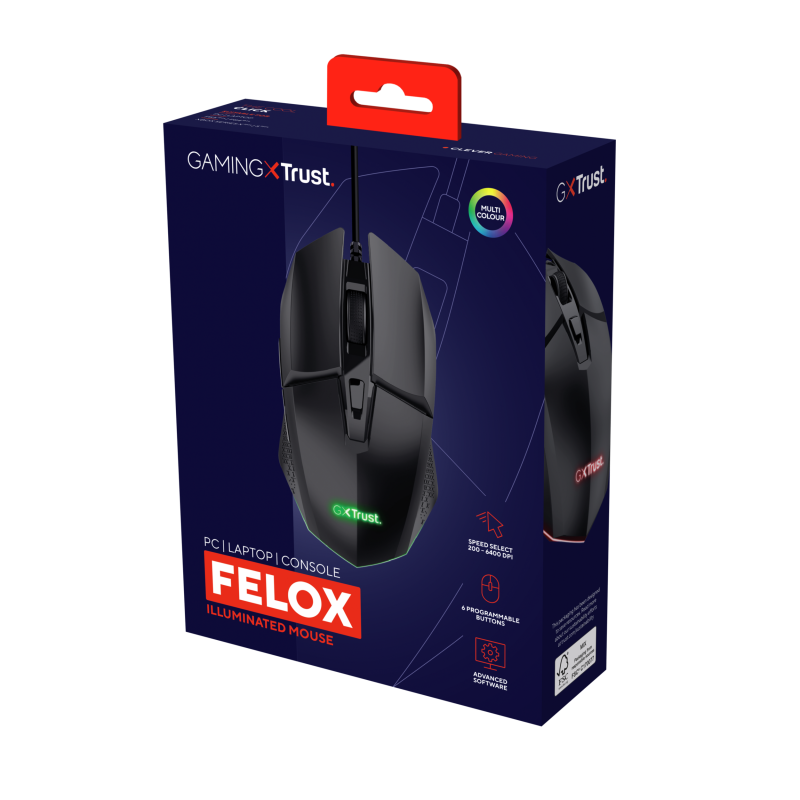 Trust GXT 109 Felox Rato Gaming RGB Com Fios USB 6400 DPI Ótico 6 Botões Preto - 25036 - 8713439250367