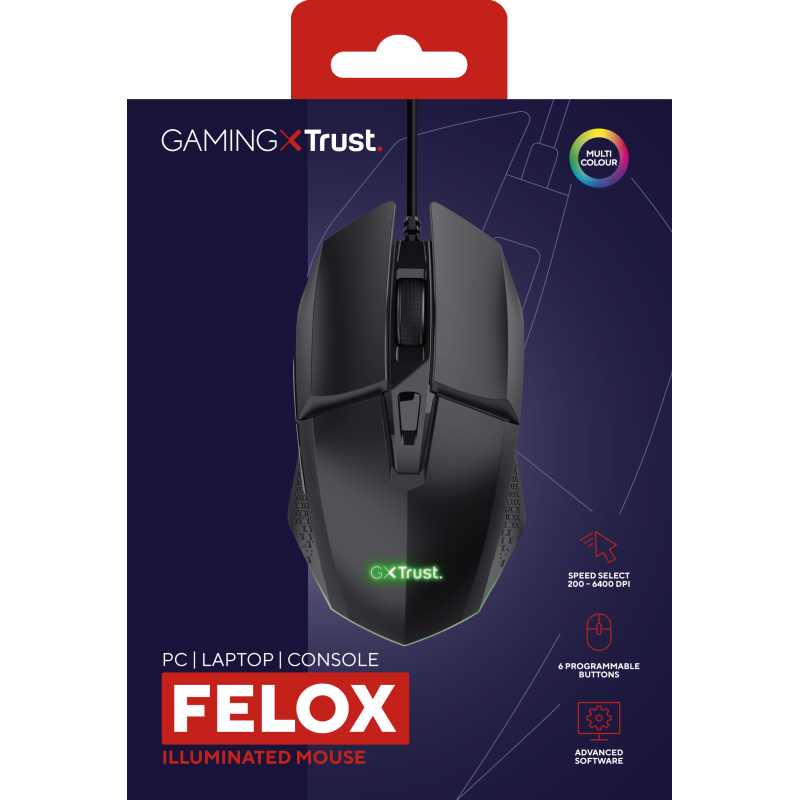 Trust GXT 109 Felox Rato Gaming RGB Com Fios USB 6400 DPI Ótico 6 Botões Preto - 25036 - 8713439250367