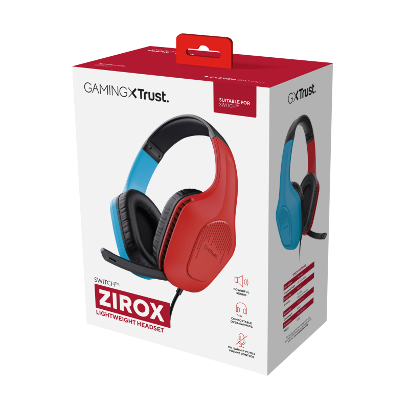 Trust GXT 416S Zirox Headset Gaming Auscultadores com Microfone Com Fios Jack 3.5mm Preto, Ciano, Vermelho - 25423 - 8713439254235