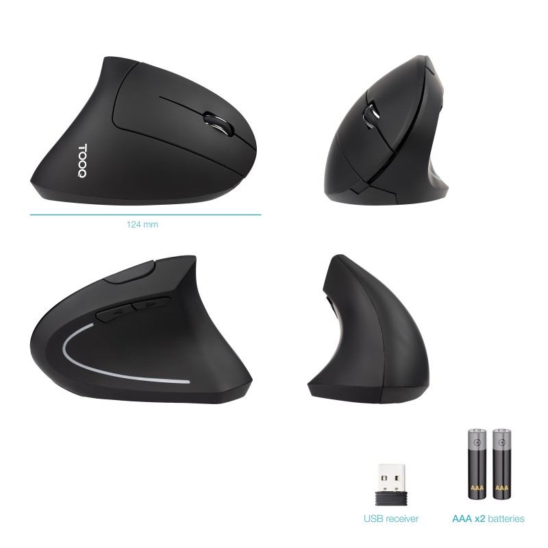TooQ TQMWG-1104-B Rato Sem Fios RF Wireless Universal Vertical 3200 DPI Ótico 6 Botões Preto - 8433281017535