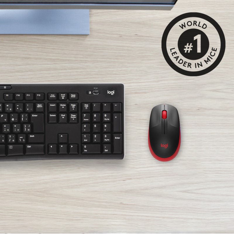 Logitech M190 Rato Sem Fios RF Wireless Ambidestro 1000 DPI Ótico 3 Botões Preto, Vermelho - 910-005908 - 5099206091856