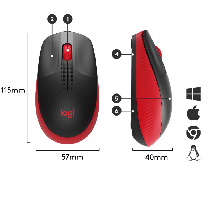 Logitech M190 Rato Sem Fios RF Wireless Ambidestro 1000 DPI Ótico 3 Botões Preto, Vermelho - 910-005908 - 5099206091856