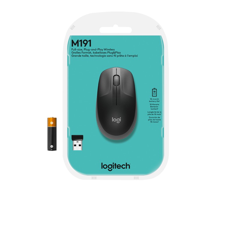 Logitech M190 Rato Sem Fios RF Wireless Ambidestro 1000 DPI Ótico 3 Botões Carvão - 910-005905 - 5099206091825