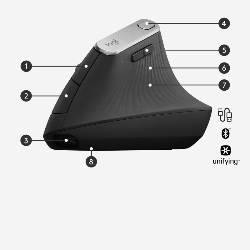 Logitech MX Vertical Rato Sem Fios RF/Bluetooth Vertical 4000 DPI Ótico 4 Botões Grafite - 910-005448 - 5099206081901