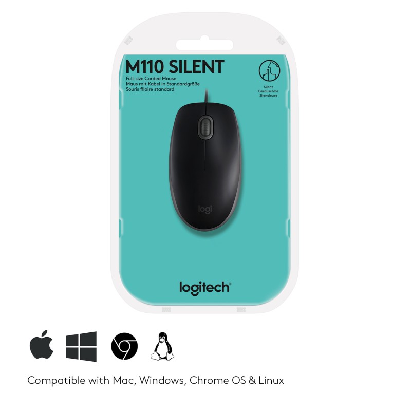 Logitech M110 Silent Rato Ambidestro Com Fios USB 1000 DPI Ótico 3 Botões Preto, Cinzento - 910-005508 - 5099206080539