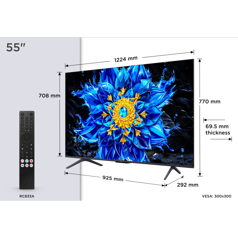 TCL P8L 55P8L QD-MiniLED TV Plano 139,7 cm (55") 4K Ultra HD, Smart TV, Wi-Fi, Ethernet, LAN, Bluetooth, Preto - 5901292530204