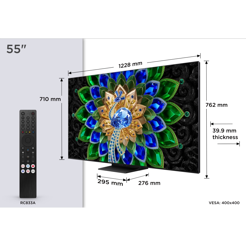 TCL A400 55A400U QD-Mini LED TV Plano 139,7 cm (55") 4K Ultra HD, Smart TV, Wi-Fi, Ethernet, LAN, Bluetooth, Preto - 5901292531843