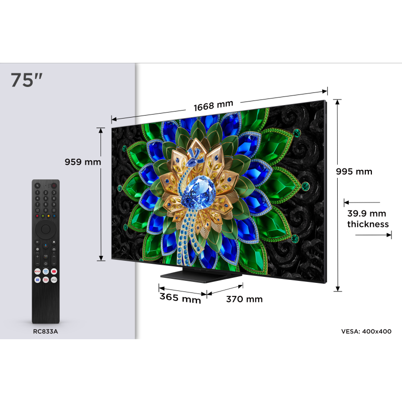 TCL A400 75A400U QD-Mini LED TV Plano 190,5 cm (75") 4K Ultra HD, Smart TV, Wi-Fi, Ethernet, LAN, Bluetooth, Preto - 5901292531881