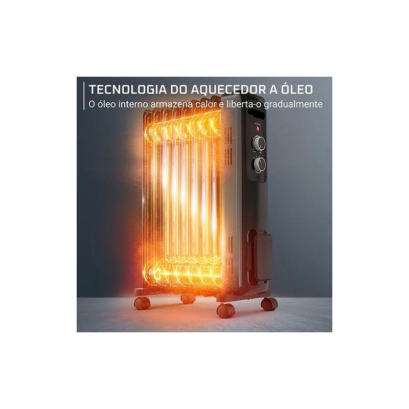 Rowenta BU2420 Aquecedor Elétrico Radiador a Óleo, 8 Elementos, 2000 W, Termóstato Regulável, Proteção Térmica, Luz de Indicação, IP20, Portátil, Preto - 3121040098493