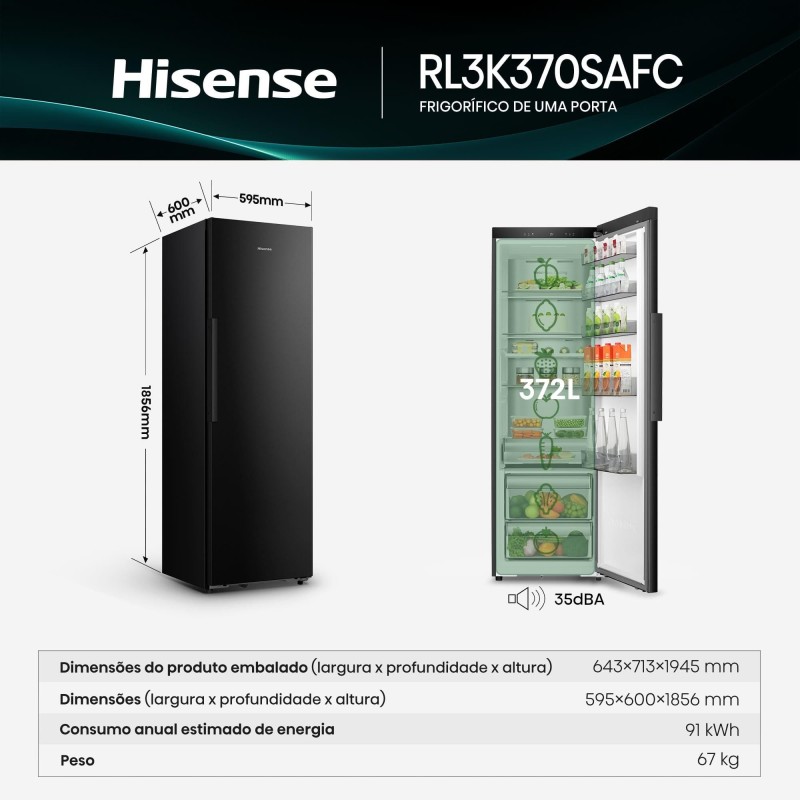 Hisense RL3K370SAFC Frigorífico 1 Porta, Independente, 372 L, Preto - 6921727087478