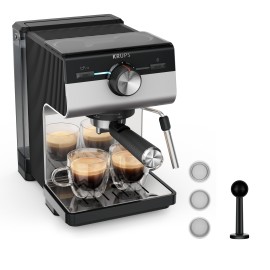 Krups Authentic+ XP384E10 Máquina de Café Manual, Semiautomática, 2 L, 2 Chávenas, Caldeira, Vaporizador de Leite, Preto, Aço inoxidável - 3016661177903
